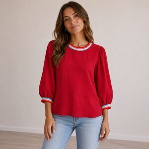 Jodifl NWT Red Top Popover Blouse Lightweight Rainbow Trim Boho Summer Sz Large
